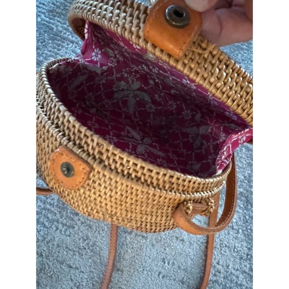 Handwoven Round Rattan Crossbody Bag Leather Strap Pink Batik Lined Purse